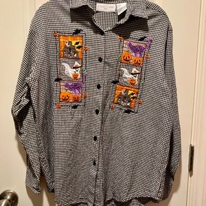 Black/White Checkered Halloween Themed Embroidered Button Up Blouse